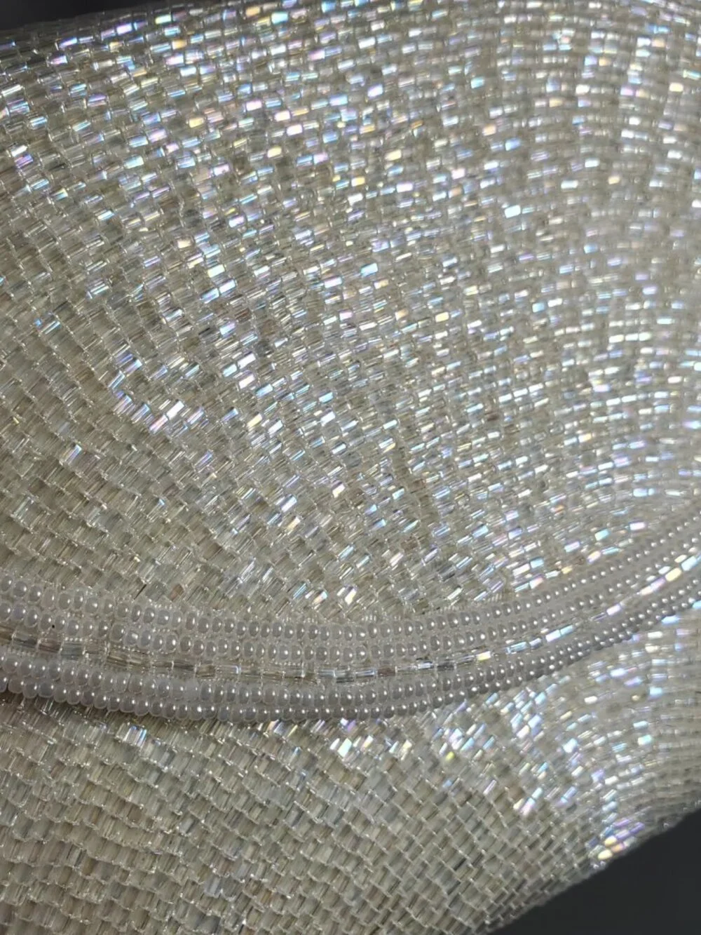 Vintage White Beaded Evening Bag Clutch Snake Chain Strap Rainbow Shimmer Beads